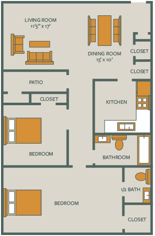 Floor plan for 2 beds, 1.5 baths, 542 sqft